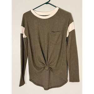 SO Cozy Top Womens Olive Green Waffle Knit Long Sleeve NWOT Pocket Tie Front